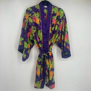 Vintage 90s Delicates Small Purple Satin Floral Robe Kimono Romantic Lingerie